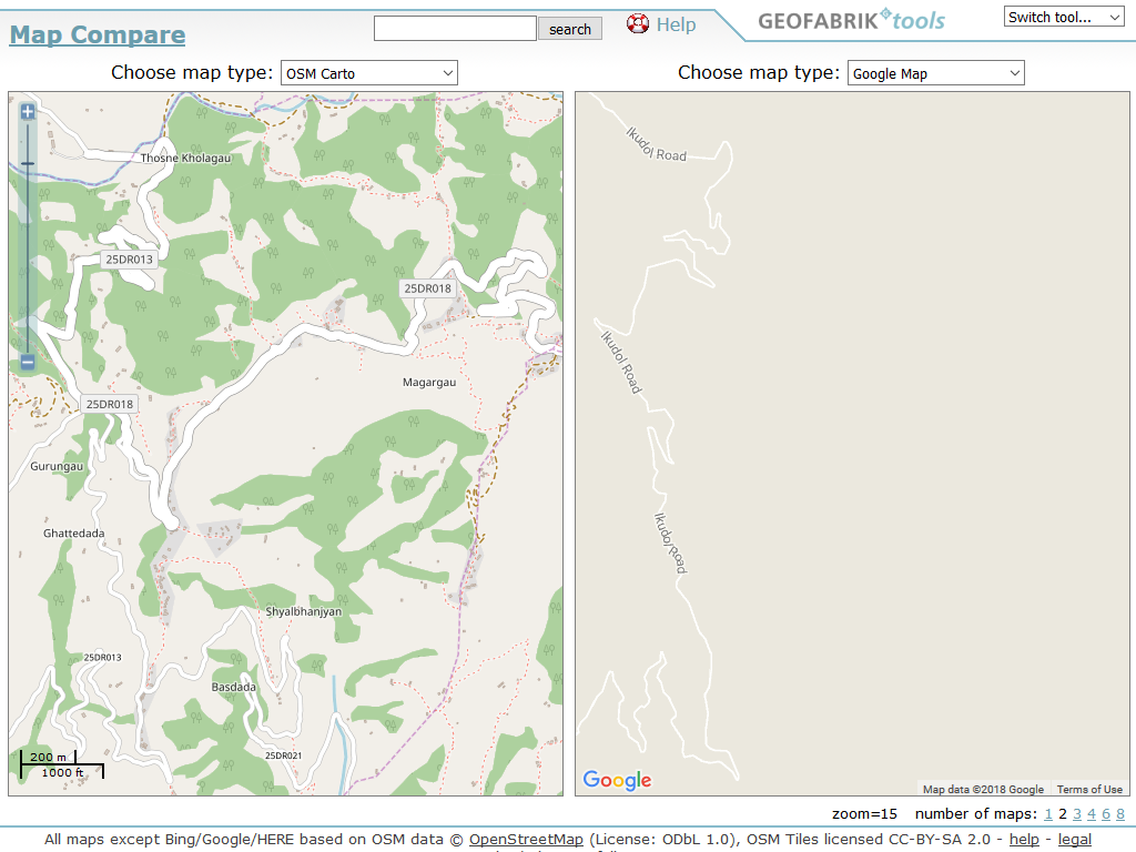 Comparaison entre OpenStreetMap et Google Maps à Kathmandou